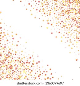 Diagonal border from confetti stars.  Isolated yellow orange red gradient stellar elements. Festive iridescent holographic shine effect vector template for decorations, packaging, flyers, posters.