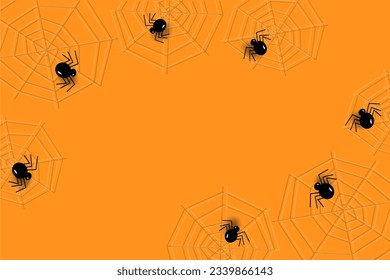 Diagonal border design for Halloween with cobwebs and spiders in trendy holiday orange shade. Vector