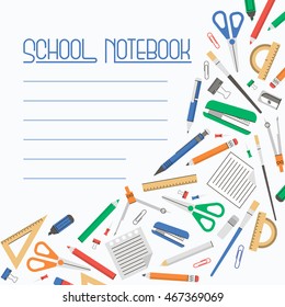 Diagonal border with school supplies flat icons and a place for your text; School frame for notebook