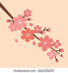 Ramal diagonal com flores de cerejeira rosa, botões e pétalas caindo. Cores macias e pastéis.
