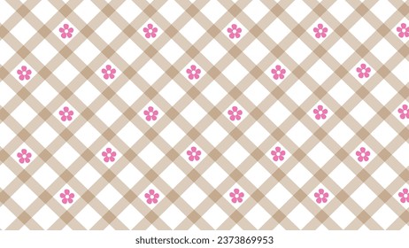 Diagonal brown checked pattern and pink flowers on the white background