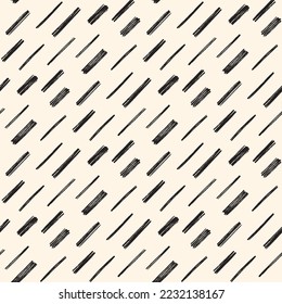 Diagonal brush strokes, charcoal or chalk smears, rough stripes, dashes seamless vector pattern. Textured rectangle creative brushstrokes, rough lines decoration. Hand drawn artistic background.