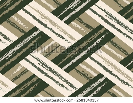 Diagonal brushstroke-textured strips in earthy tones form a herringbone layout, blending organic movement with geometric precision. brush strokes plaid pattern 
