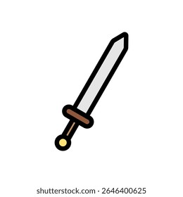 Espada diagonal de dibujos animados en contorno de color con hoja de acero estrecha. Ideal para juegos de acción, clases de guerreros, combate en la arena y juegos de aventura medievales.