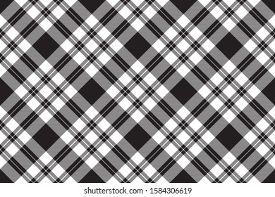 Diagonal check fabric texture seamless black white pattern. Vector illustration.
