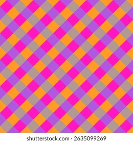 Diagonal checkered pattern in magenta, lilac and orange tones. Seamless bright abstract print for fabric.