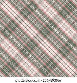 Diagonal Checkered Plaid Pattern in Pastel Green and Pink Tones. Vintage Tartan Fabric Design, Retro Textile Background. Classic Plaid Seamless Texture for Fabric and Wallpaper. Vector illustration. 