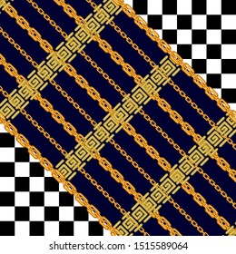 Diagonal Chess Board Print. Seamless vector pattern with golden chains and geometric elements. Barogue textile collection.