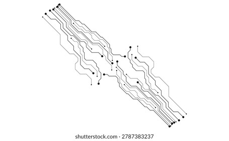 Diagonal circuit board wiring diagram featuring dense connections and nodes on white background