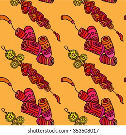 Diagonal composition graphic pattern with doodle stylized firecrackers. Colorful on the orange background. EPS10 Vector.