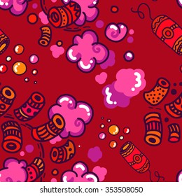 Diagonal composition graphic pattern with doodle stylized firecrackers. Colorful on the red background. EPS10 Vector.