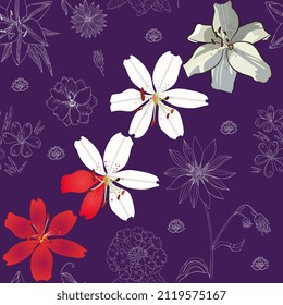 Diagonal composition with red and white lilies and garden flowers drawn with outline on a deep purple background in vector. Seamless floral ornament, print for fabric, wallpaper.