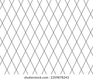 Diagonal cross line grid seamless pattern. Geometric diamond texture. Black diagonal line mesh on white background. Minimal quilted fabric. Metallic wires fence pattern. Vector illustration.