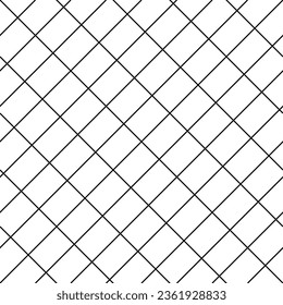 Diagonal cross line grid seamless pattern. Geometric diamond texture. Black diagonal line mesh on white background. Minimal quilted fabric. Metallic wires fence pattern. Vector illustration.