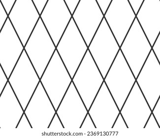 Diagonal cross line grid seamless pattern. Geometric diamond texture. Black diagonal line mesh on white background. Minimal quilted fabric. Metallic wires fence pattern. Vector illustration.