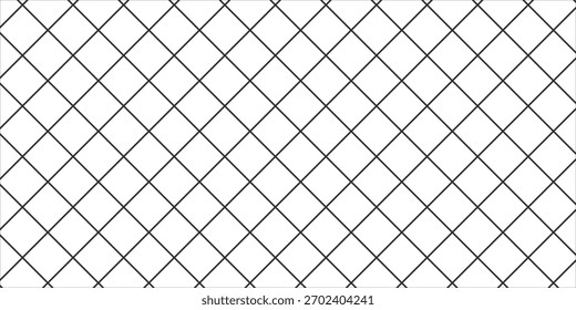 Diagonal cross line grid seamless pattern. Geometric diamond texture. Black diagonal line mesh on white background. Minimal quilted fabric. Metallic wires fence pattern. Modern Vector