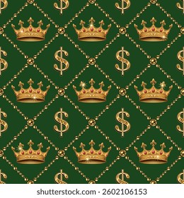 Diagonal cross line square grid pattern with golden crown, dollar sign, jewelry chains. Seamless background. Vintage style.