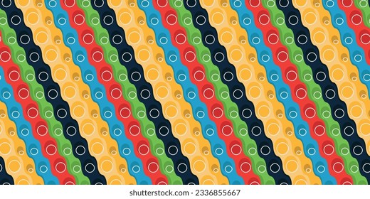 Diagonal curly stripes, colored and with circles. Vector seamless diagonal texture with cartoon wavy lines. White circles on colored diagonals.