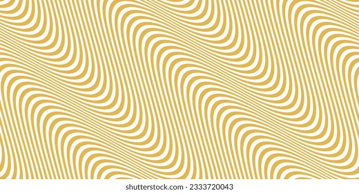 Diagonal curved wavy lines background. Vector seamless pattern with gold waves, stripes. Dynamical 3D effect, illusion of movement, optical art. Modern abstract minimal texture. Stylish repeat design