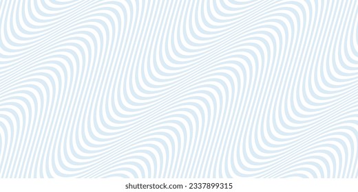 Diagonal curved wavy lines background. Vector seamless pattern with blue waves, stripes. Dynamical 3D effect, illusion of movement, optical art. Modern abstract minimal texture. Subtle repeat design