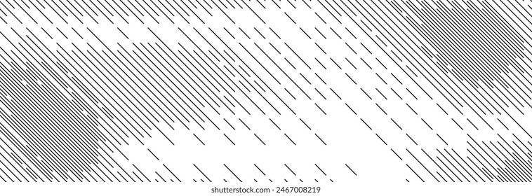 Diagonal dash line texture. Black slanted dashed lines pattern background. Straight tilt interrupted stripes wallpaper. Abstract dither rasterized grunge overlay. Vector wide dotted ripple texture