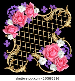 Diagonal decorative composition with pink roses and golden scrolls 2