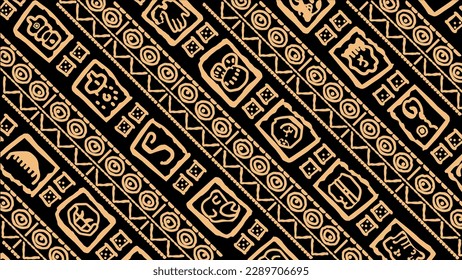 Diagonal design from symbols, letters, masks and pictures of the ancient Maya and Toltec civilization 
The Mayan alphabet. Ancient signs of America on a black background.