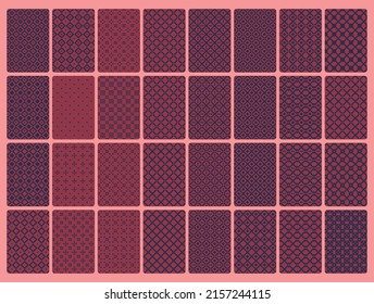 Diagonal diamond seamless repeating pattern pack ready to use in swatch violet purple color. 32 different simple geometric repeating texture for background, decoration, wrapping card, fabric and cloth