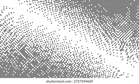 Fondo de textura diagonal difuminada con patrones de píxeles negros y grupos de ruido geométrico que se desvanecen en una Ilustración vectorial de espacio minimalista en blanco