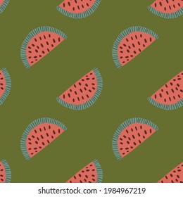 Diagonal doodle pink watermelon elements slice seamless pattern. Green olive background. Doodle style. Flat vector print for textile, fabric, giftwrap, wallpapers. Endless illustration.