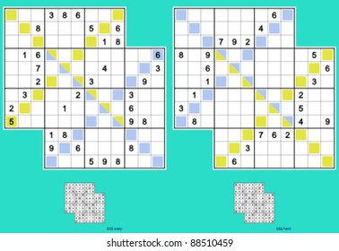 Diagonal Double-Doku, symmetrical. Vector set. 34, 24 clues, with 6 empty sub-regions. Easy and hard.