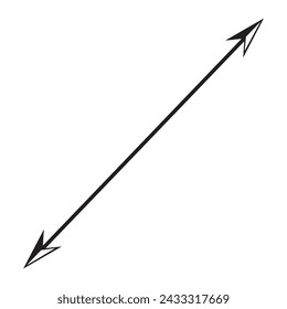 Diagonal dual thin long straight double ended arrow. Contour isolated vector image on white background.