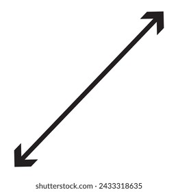 Diagonal dual thin long straight double ended arrow. Contour isolated vector image on white background.