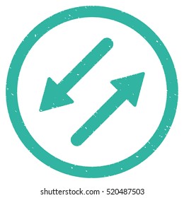 Diagonal Exchange Arrows rubber seal stamp watermark. Icon vector symbol with grunge design and dust texture. Scratched cyan ink sticker on a white background.