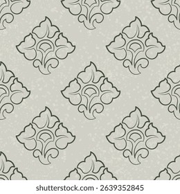 Diagonal floral ornament. Old vintage wallpaper. Monochrome leaves vector illustration. Antique style seamless pattern. Vintage floral design element