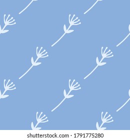 Diagonal floral ornament seamless pattern. White botanic silhouettes on bright blue background. Simple design. Perfect for wallpaper, wrapping paper, textile print, fabric. Vector illustration.