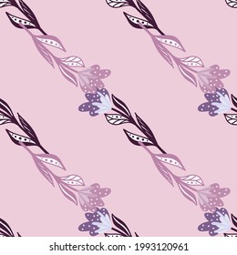 Las flores diagonales adornan un patrón sin costuras en el fondo rosado. Ornamento de Lilac. Pintura de doodle floral. Diseñado para el diseño de tejidos, impresión textil, envoltura, cubierta. Ilustración vectorial.