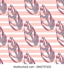 Diagonal foliage ornament seamless pattern with doodle monstera silhouettes. Pastel purple tones ornament. White and pink striped background. Vector illustration.