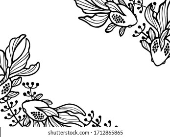 Diagonal frame of goldfish and waterweed cutout style illustration (upper right, lower left)