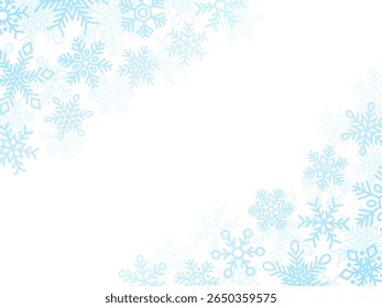 Ilustración de marco diagonal de copos de nieve en azul claro