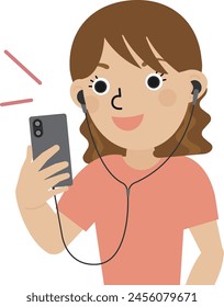 Diagonal front view of a brown-haired Japanese woman wearing wired earphones making a video call on her smartphone
