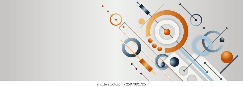 Diagonal Geometric Composition with dynamic interactions of shapes, lines, and patterns. Includes elements resembling schematics and engineering structures. For scientific and technical publications