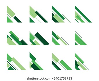 Diagonal Geometric Pattern Element Decoration, Green Color. Modern Geometry Corner, Border, Frame Certificate. Set, Collection, Vector Illustration