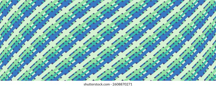 A diagonal, geometric vector pattern composed of overlapping blue, green, and teal rectangles on a light mint background, forming a rhythmic woven appearance.