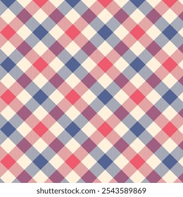 Um padrão diagonal em xadrez de gingham, com linhas de interseção formando formas de diamante azul, vermelho e bege. O design apresenta um arranjo em cruz e mantém uma estética tradicional.