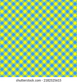Diagonal gingham seamless pattern in blue and yellow colors of Ukrainian flag. Checkered vichy textile design with striped squares. Fabric geometric background. Vector flat illustration