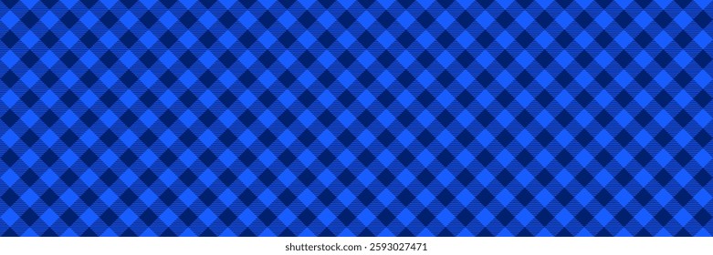 Diagonal gingham seamless pattern. Deep blue vichy background texture for textile design, fabric swatch, scarf cloth, suit print. Masculine checkered tweed plaid repeating wallpaper. Vector backdrop 