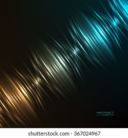 Diagonal glowing light lines. Abstract vector illustration background. Shades of orange, green and blue on black.