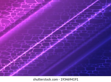 Diagonal glowing lines and crocodile or alligator pattern on purple and blue gradient background.