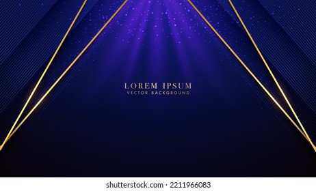 Diagonal gold line and blue line stripe with sparkle glowing effect decoration on blue background. Luxury style design concept. Vector illustration